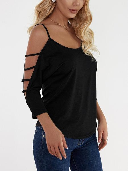 Black Cold Shoulder 3/4 Length Sleeve Tshirts with Strappy Detail