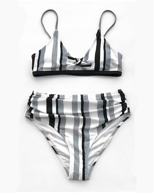 Striped Retro High Waist Split Bikini Swimsuit