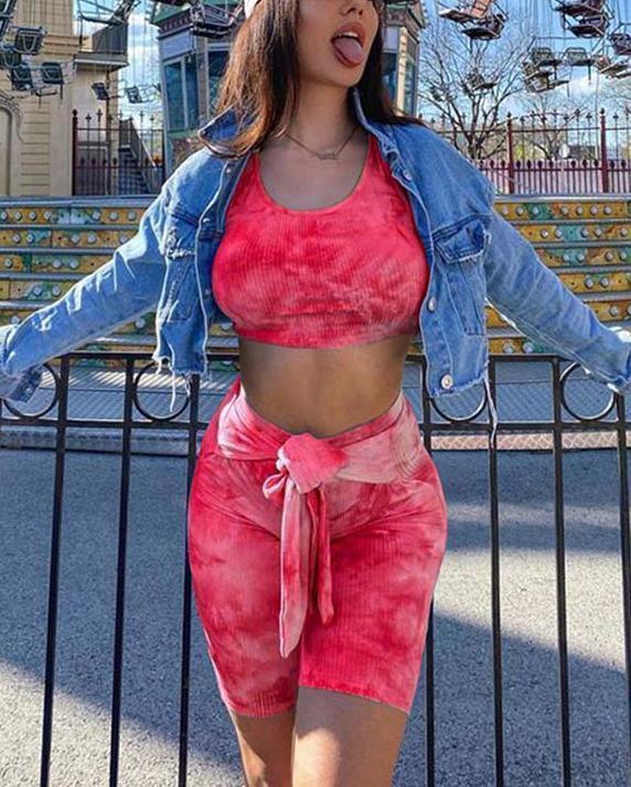 Printed Vest Lace-up Leggings Yoga Suit Two-piece Suit