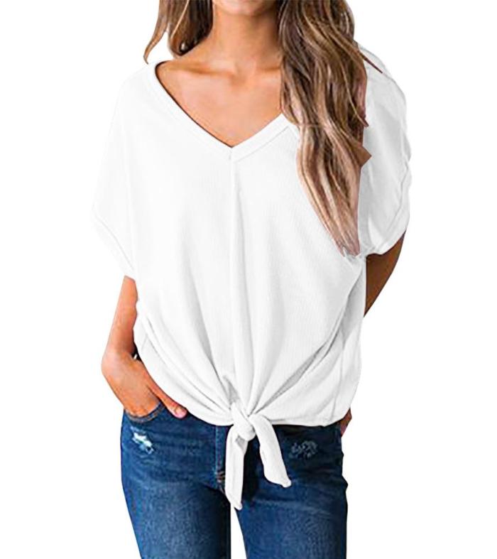Lace-up Design V Neck Short Sleeves T-shirts