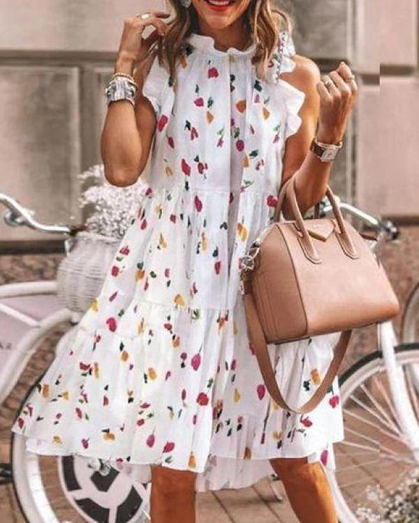 Floral-Print Lotus Leaf Sleeve Midi Dress