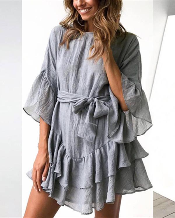 Flare Sleeves Flounced Linen Dress