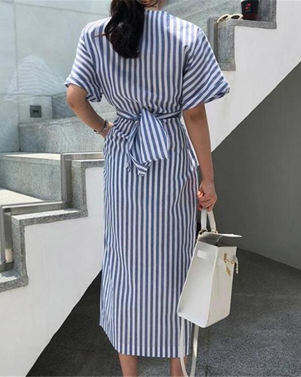 Elegant Stripe Short Sleeve Front Split Dress
