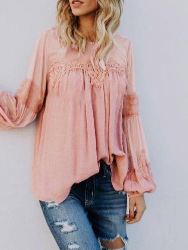 Lace Solid Long Sleeve Crew Neck Casual Blouse