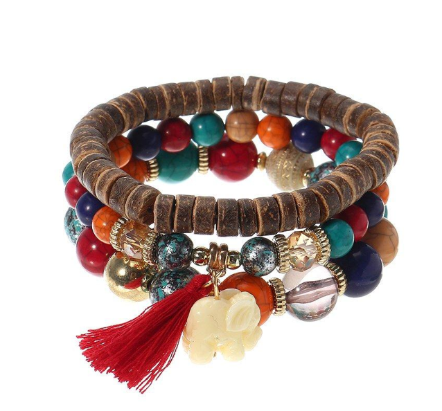 3 Pcs/set Bohemian Multilayer Beads Bracelet Wood Elastic Bracelet with Tassel Pendant Gift for Her