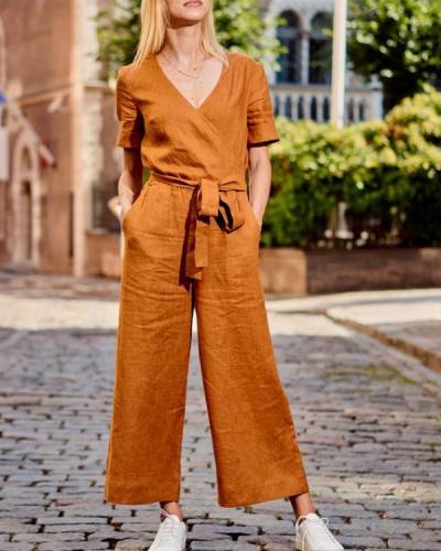 Paneled Solid Cross Front V-neck Casual Jumpsuit