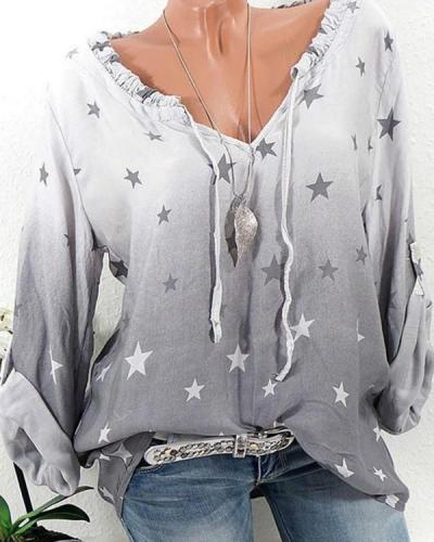 Casual Stars Print Gradient Drawstring Long Sleeve Women's Blouses