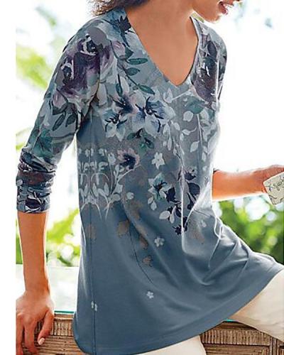 Floral Print V-neck Casual Long Sleeves T-shirts