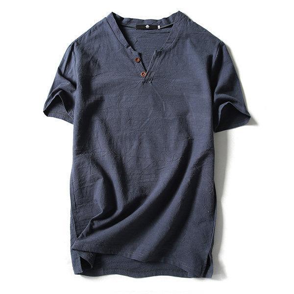 Cotton Linen Solid Color Short Sleeve Casual T Shirts