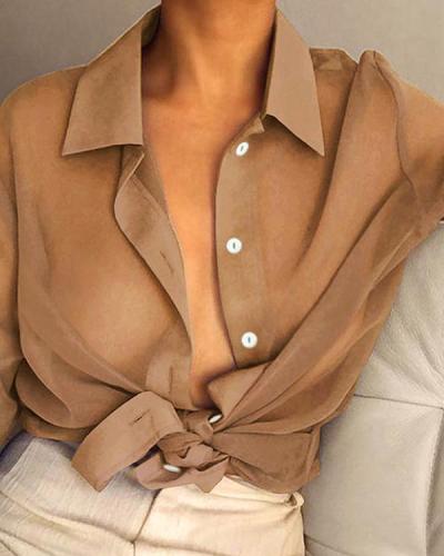 Lapel Sexy Solid Color Long Sleeve Transparent Shirt