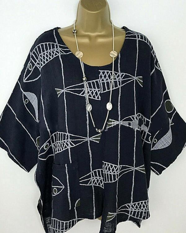 Casual Printed Crew Neck Half Sleeve Plus Size Blouses Tops