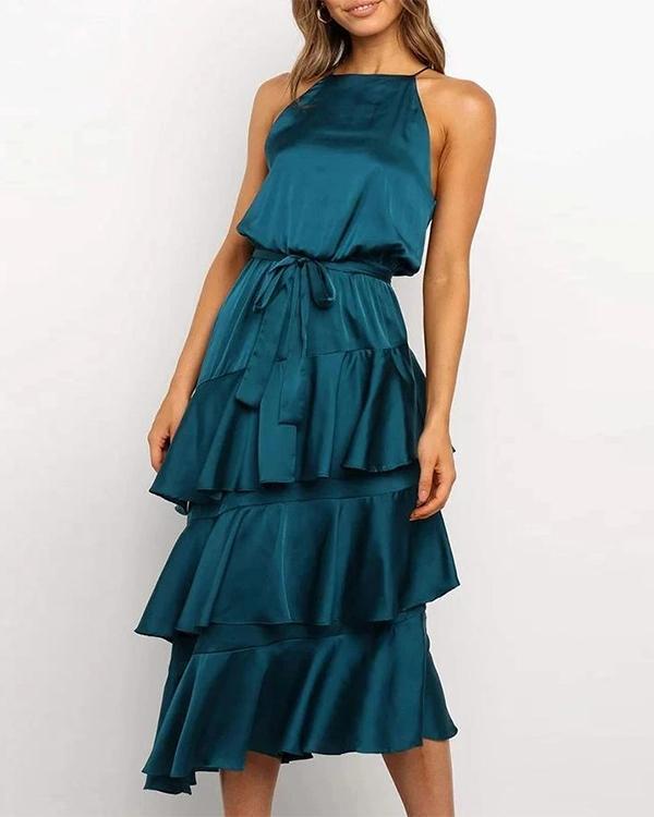 US$ 40.80 - Elegant Solid Irregular Layered Skirt Tie Waist Maxi Dress ...