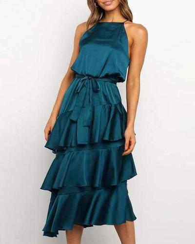 Elegant Solid Irregular Layered Skirt Tie Waist Maxi Dress