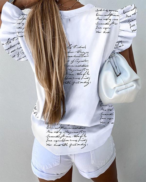 Women Print Ruffles Sleeve Casual Shirt Top
