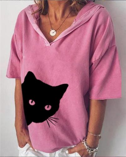 Cat Printed V Neck Loose New Casual Lady Daily Shift Tops