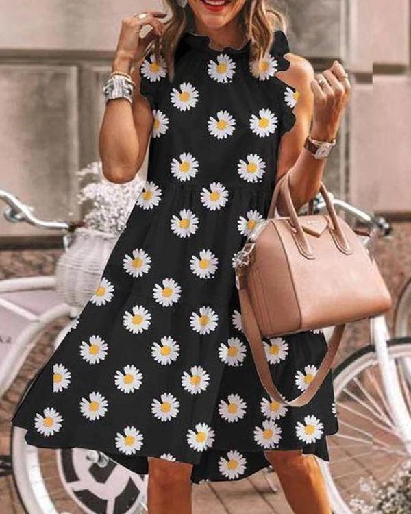 Floral-Print Lotus Leaf Sleeve Midi Dress