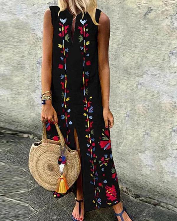 Printed Round Neck Sleeveless Plus Size Maxi Dresses