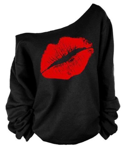 Casual Lips Print Off-shoulder Long Sleeve Women Sweatshirts