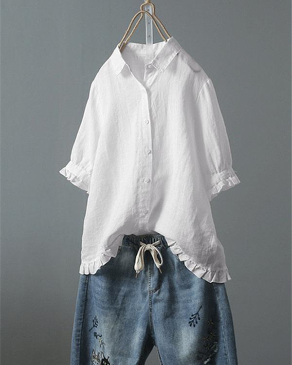 Lace Button Turn Down Collar Solid Color Shirt