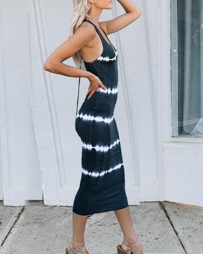 Tie Dye Striped Slim Fit Casual Midi Dress