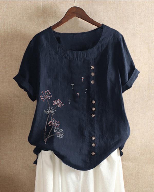 Casual Print Short Sleeves Linen T-shirt