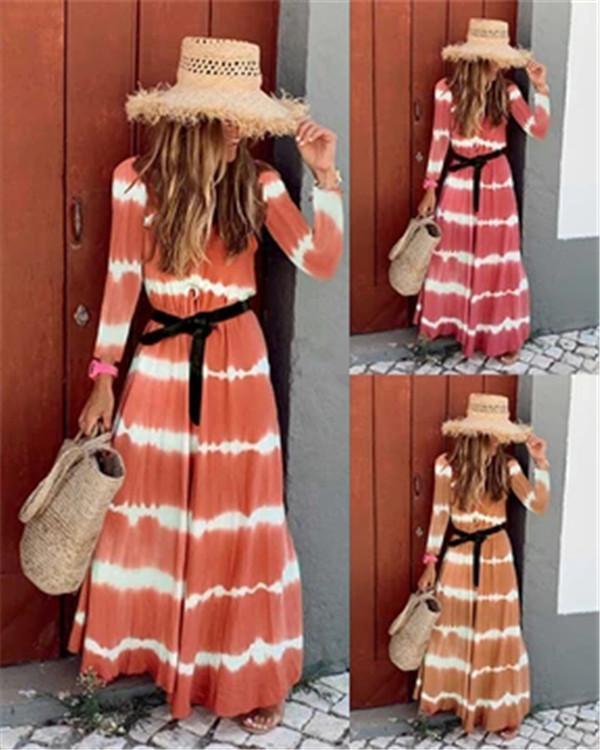 Fall Dress Wave Printed Long Sleeve Women's Maxi Dress