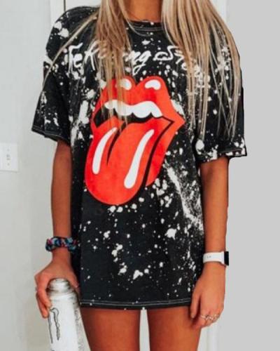 Oversize Vintage Lip Printed Graffiti Loose Long T-Shirt