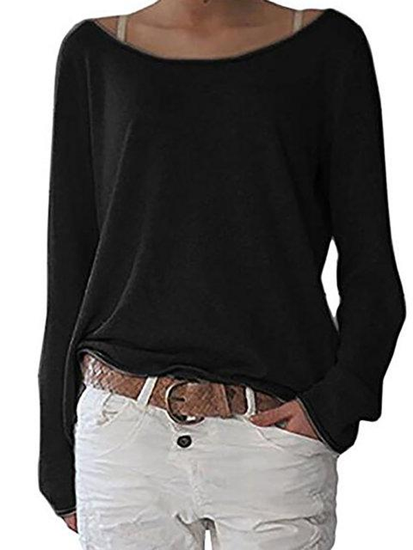 Crew Neck Long Sleeve Cotton Solid T-Shirt