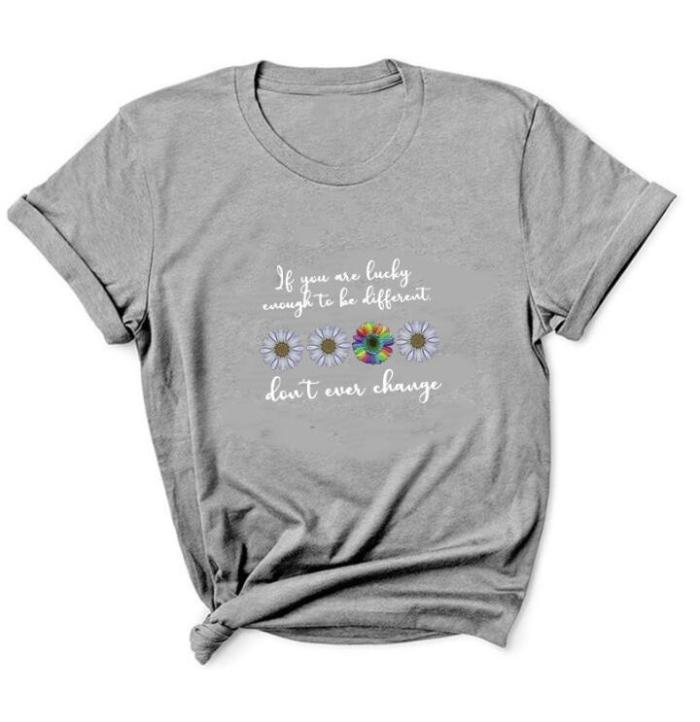 Women Short Sleeves Round Collar Printed Floral T-shirt