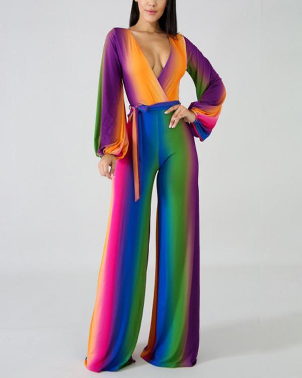 Fashion V Neck Bishop Sleeve Striped Jumpsuit