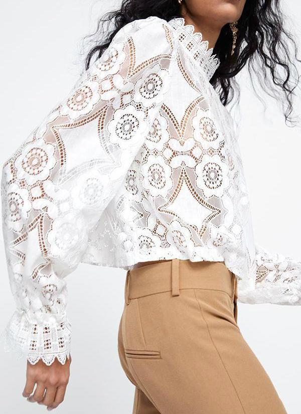Fashion High Neck Long Sleeve Lace Blouses