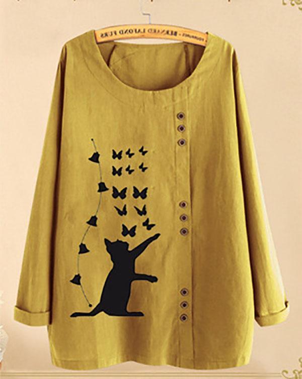 Fall Fashion Cat Butterfly Print Button Large Sizes Long-sleeved Shirts