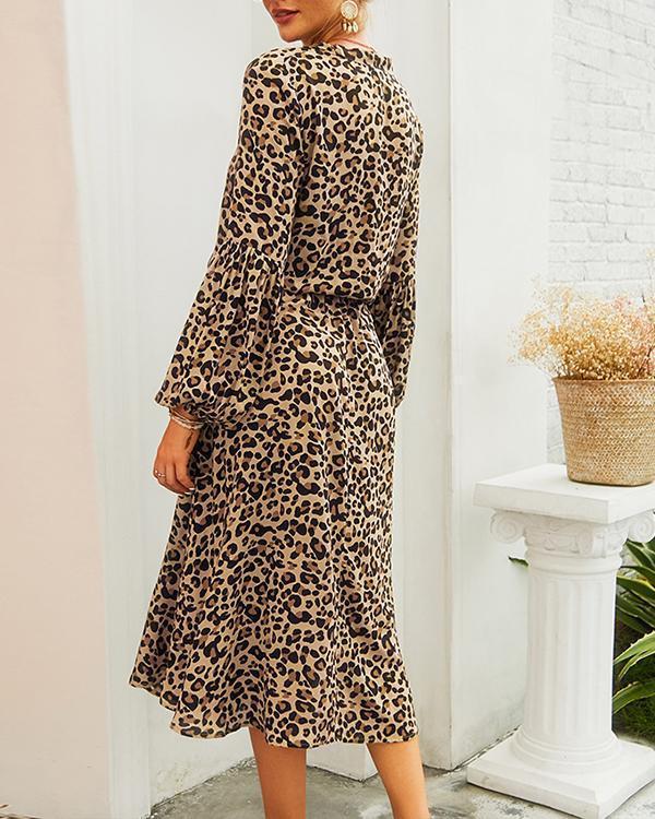 Leopard Print Half Button Blouson Shirt Dress