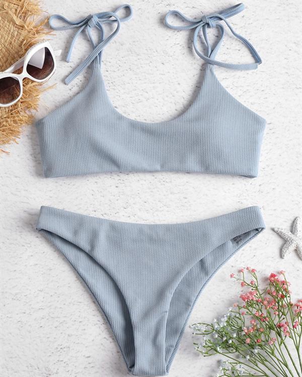 Cute Women Pure Color Lace-Up Bikini Swimsuits