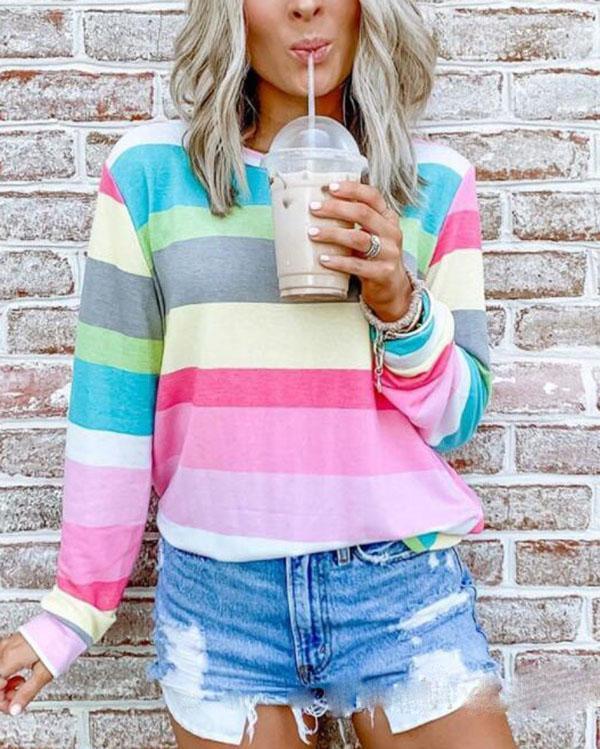 Round Collar Printed Striped Blouse