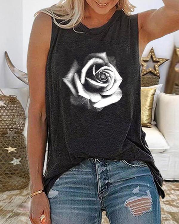Floral Print Crew Neck Sleeveless Casual T-shirt