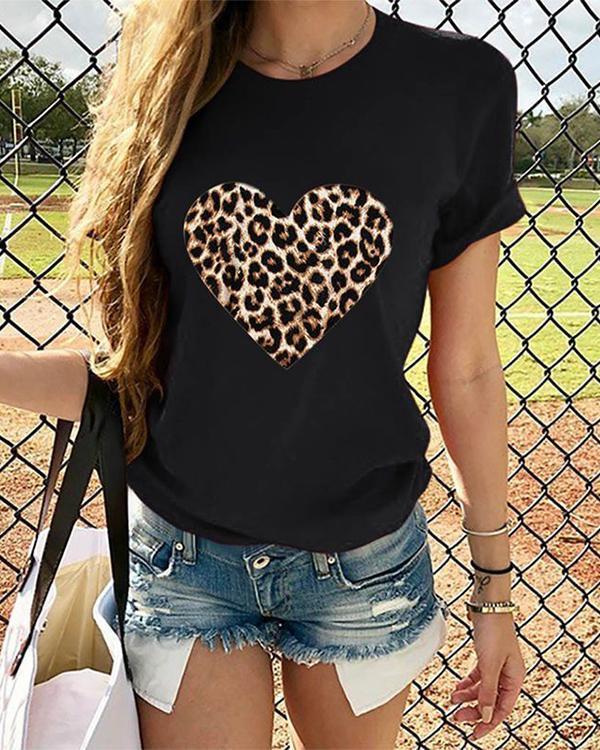 Leopard Heart Women Short Sleeve Shirt Printed Tops