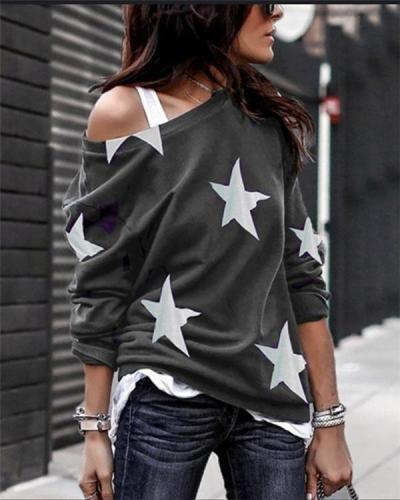 One Shoulder Star Printed Fall Loose  Daily Pullover Tops