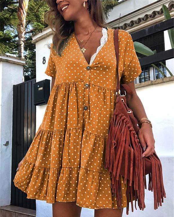 Retro Polka Dot Printed V Collar Wrinkle Loose Dress