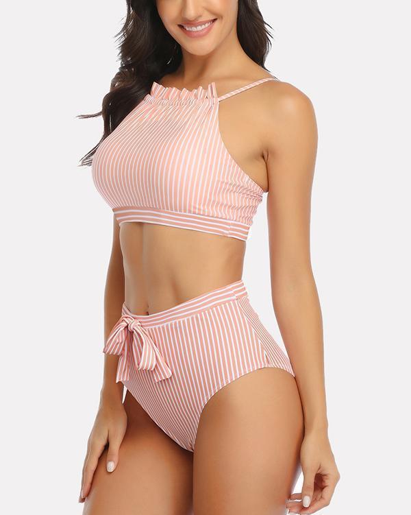 Striped Split Swimsuit Lace Up Sexy Bikini
