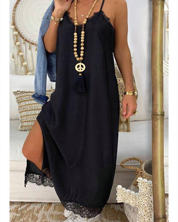 Lace Splicing Slit Spaghetti Srap Maxi Dress without Necklace - Black