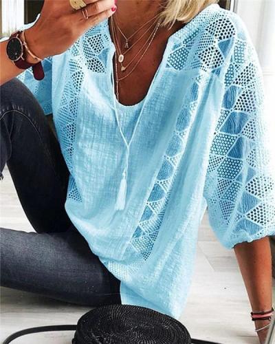 Ethnic Style Lace U Neck Solid Summer Women Holiday Daily Blouse