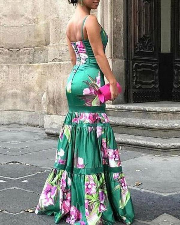 fashion sexy floral plunge ruffles layered hem evening dress