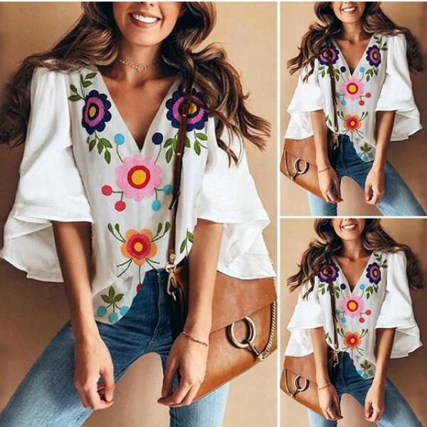Bell Sleeve Floral Printed V Neck Sweet Blouses Tops