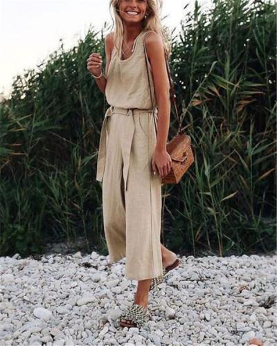 Khaki Casual Sleeveless Solid Jumpsuit