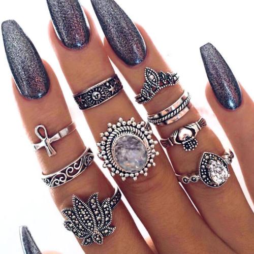 Jewelry-Vintage Ethnic Style Exaggerated Gemstone Rings Set