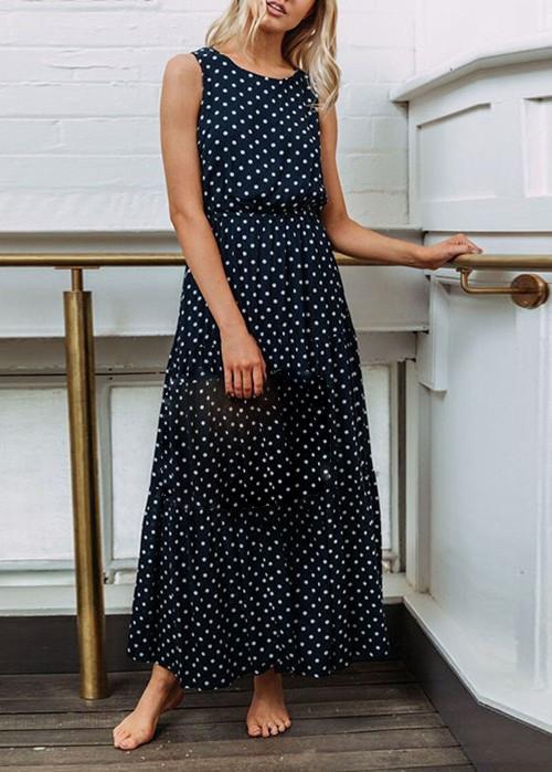 Fashion Polka Dot Button Women's Dress Maxi Dress