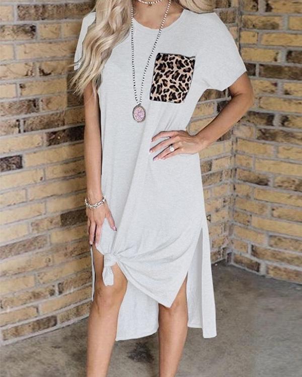 Leopard Pocket Slit Casual Dress without Necklace