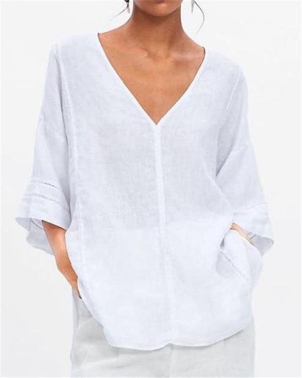 3/4 Sleeve V Neck Summer Solid Women Holiday Blouse