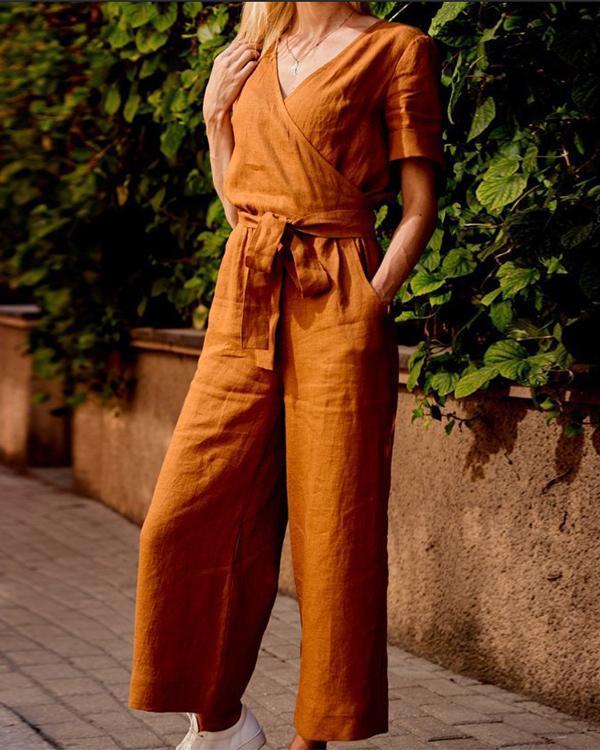 Paneled Solid Cross Front V-neck Casual Jumpsuit